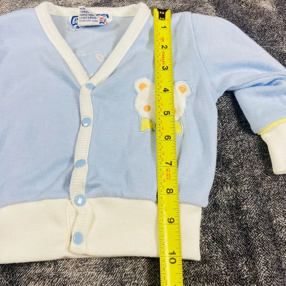 Vintage 80s Doe Spun Bear Balloon Applique‎ Blue Snap Cardigan Sweater 3-6 mo